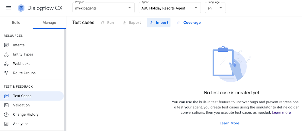 Test Cases in Dialogflow CX Console