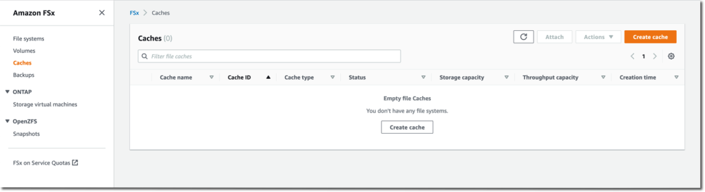 Amazon File Cache console