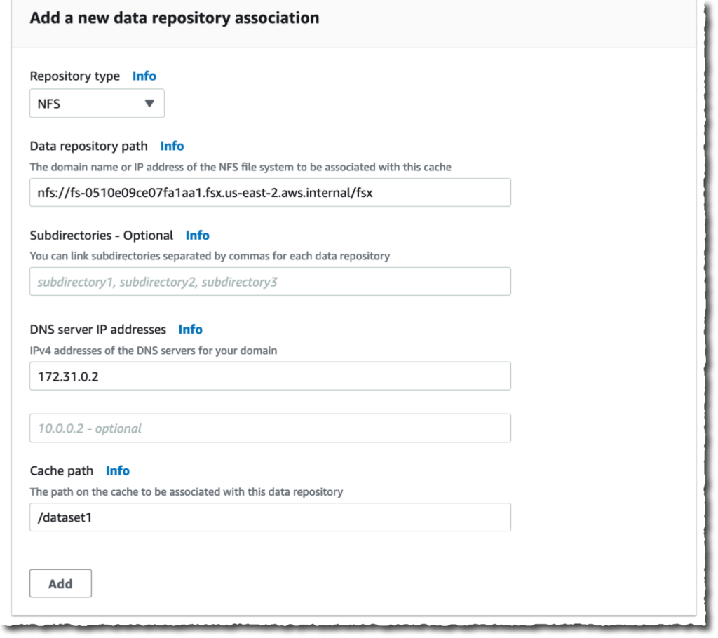 File Cache - Create new Data Repository Association- dataset one