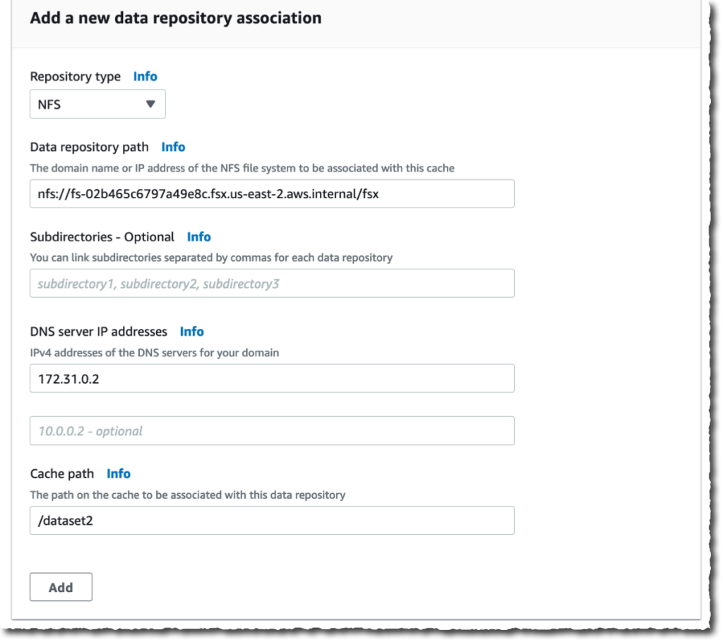 File Cache - Create new Data Repository Association- dataset two