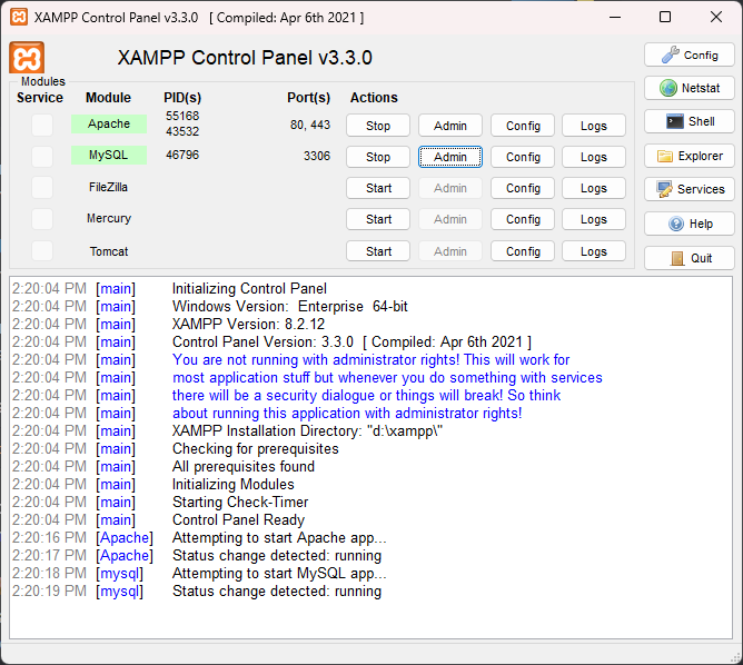 XAMPP Control Panel, bundling MySQL and other programs