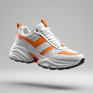 Stable Image Core – Prompt: Professional 3d render of a white and orange sneaker, floating in center, hovering, floating, high quality, photorealistic