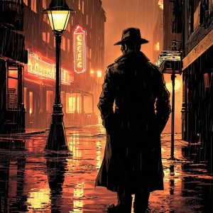 Stable Diffusion 3 Large – Prompt: comic-style illustration, male detective standing under a streetlamp, noir city, wearing a trench coat, fedora, dark and rainy, neon signs, reflections on wet pavement, detailed, moody lighting.