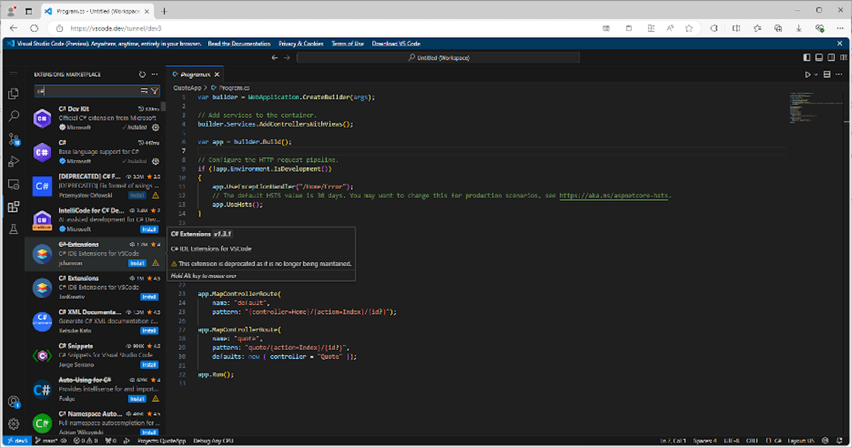 A screenshot of the VSCode.dev online browser.