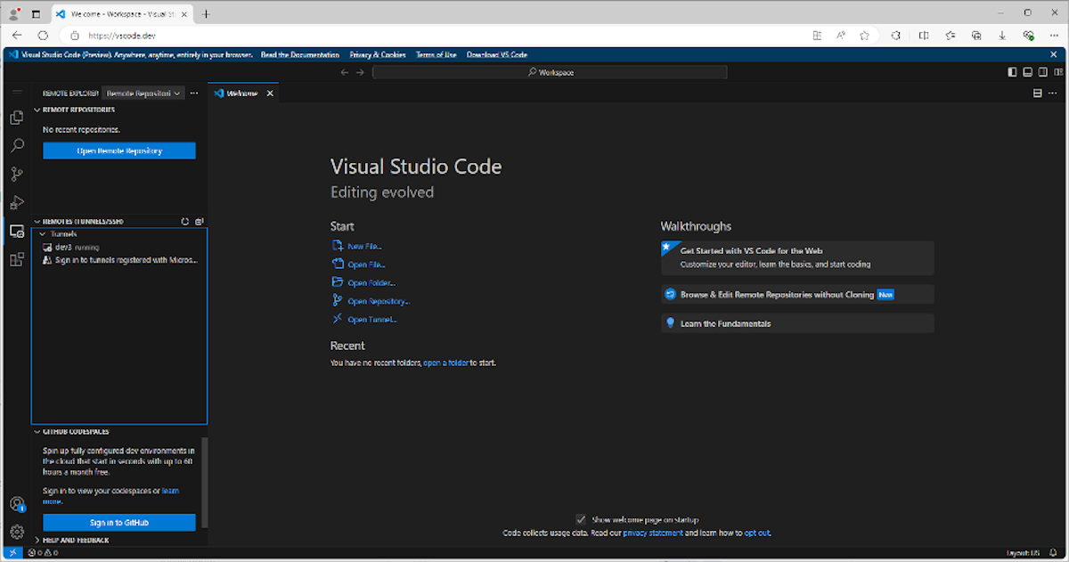 A screenshot of the VSCode.dev online browser.